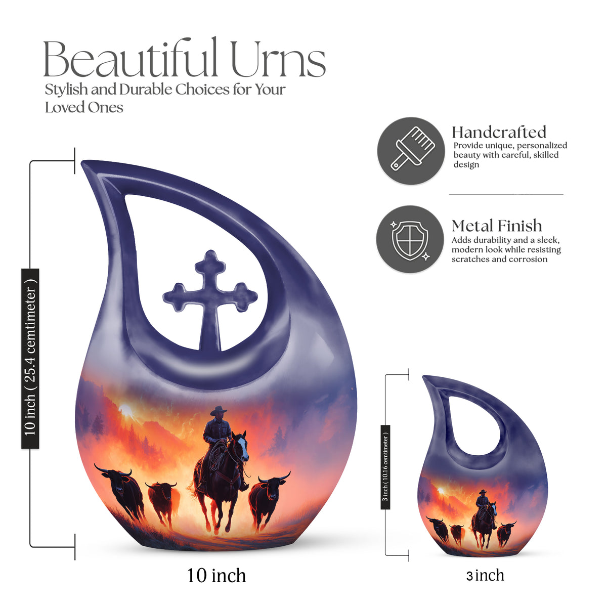Amethyst Purple Cowboy Cremation Urn back view with polished surface - cross and cowboy combined in spiritual memorial design - mini keepsake memorial for portion of cremation ashes