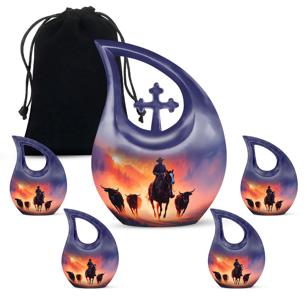 Lavender Purple Cowboy Cremation Urn urn with complimentary velvet bag - faith-inspired cross-drop urn with cowboy pattern - memorial set with one large and four small urns
