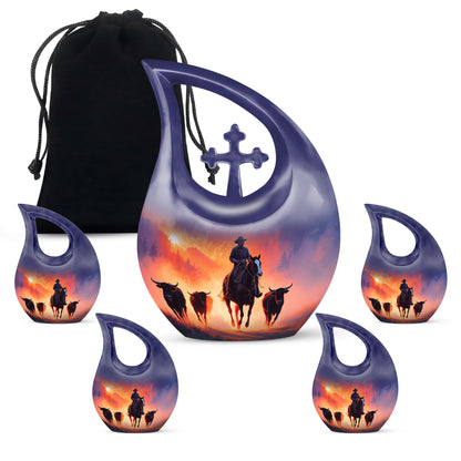 Lavender Purple Cowboy Cremation Urn urn with complimentary velvet bag - faith-inspired cross-drop urn with cowboy pattern - memorial set with one large and four small urns