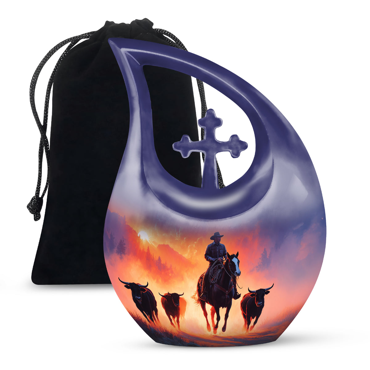 Amethyst Purple Cowboy Cremation Urn top-down view of secure threaded lid - sacred cross merged with cowboy motif on metal - full-size 10 inch 200 cubic inch adult cremation urn