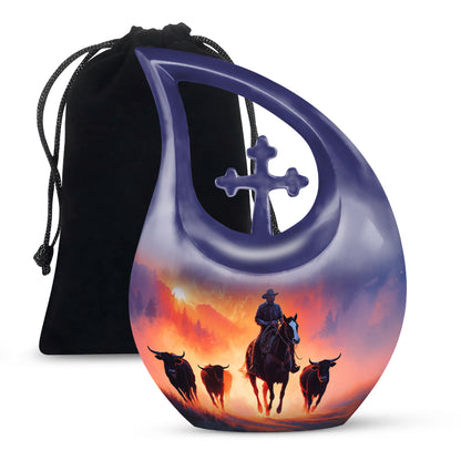 Amethyst Purple Cowboy Cremation Urn top-down view of secure threaded lid - sacred cross merged with cowboy motif on metal - full-size 10 inch 200 cubic inch adult cremation urn