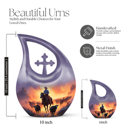 Plum Purple Cowboy Cremation Urn back view with polished surface - sacred cross merged with cowboy motif on metal - mini keepsake memorial for portion of cremation ashes