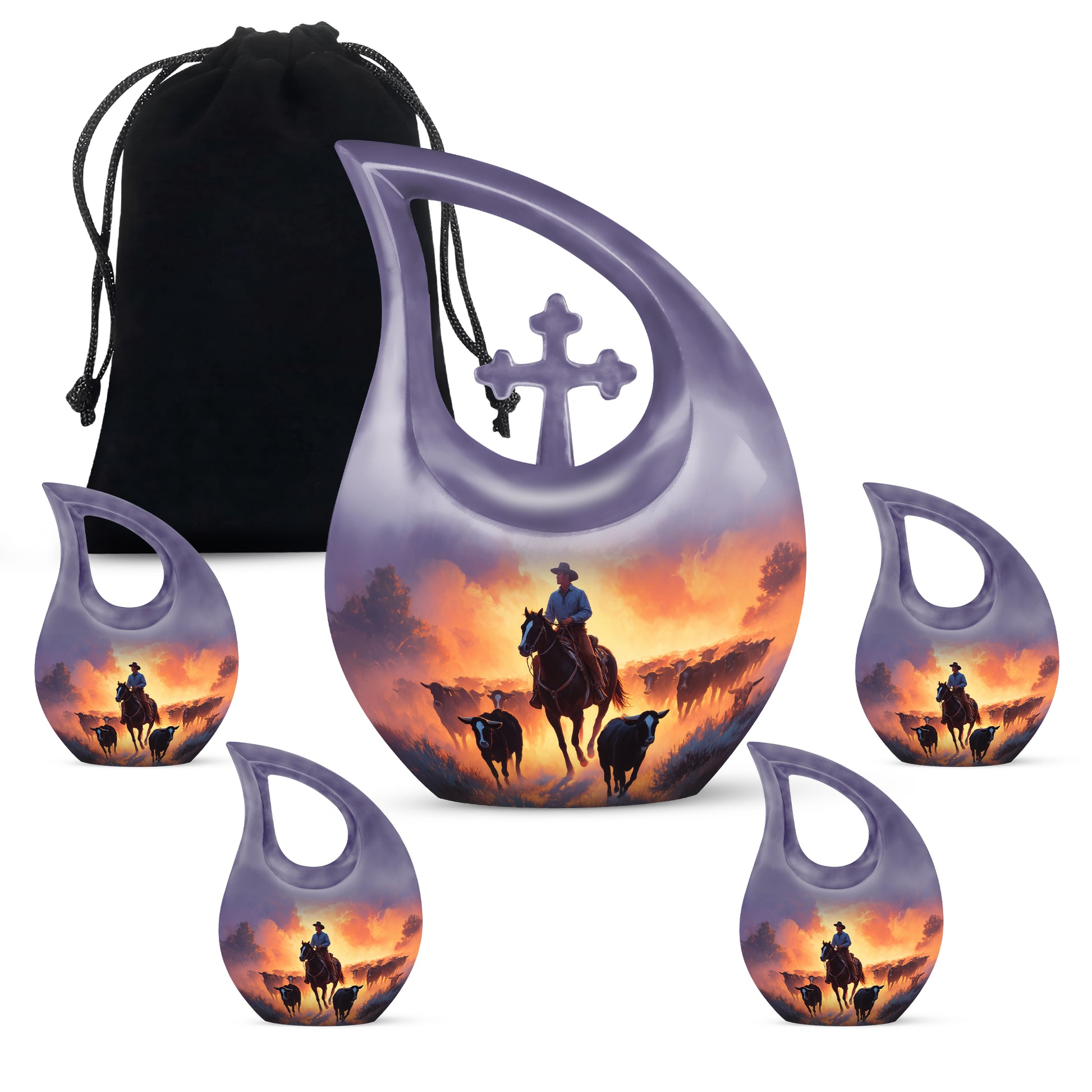 Orchid Purple Cowboy Cremation Urn urn with complimentary velvet bag - sacred cross merged with cowboy motif on metal - memorial set with one large and four small urns