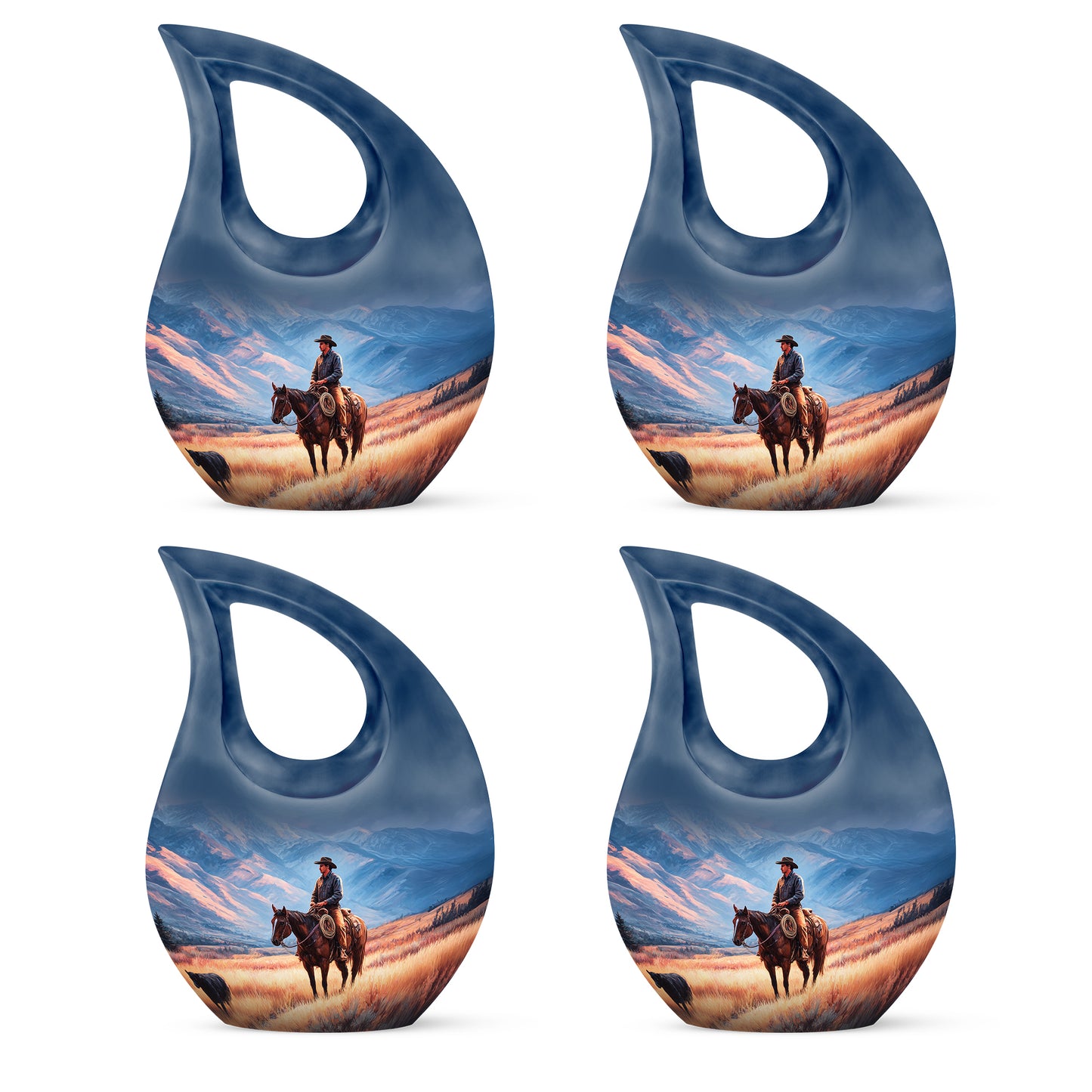 Sky Blue Cowboy Cremation Urn lifestyle display on memorial shelf - sacred cross merged with cowboy motif on metal - 10 inch aluminum urn for cremated remains