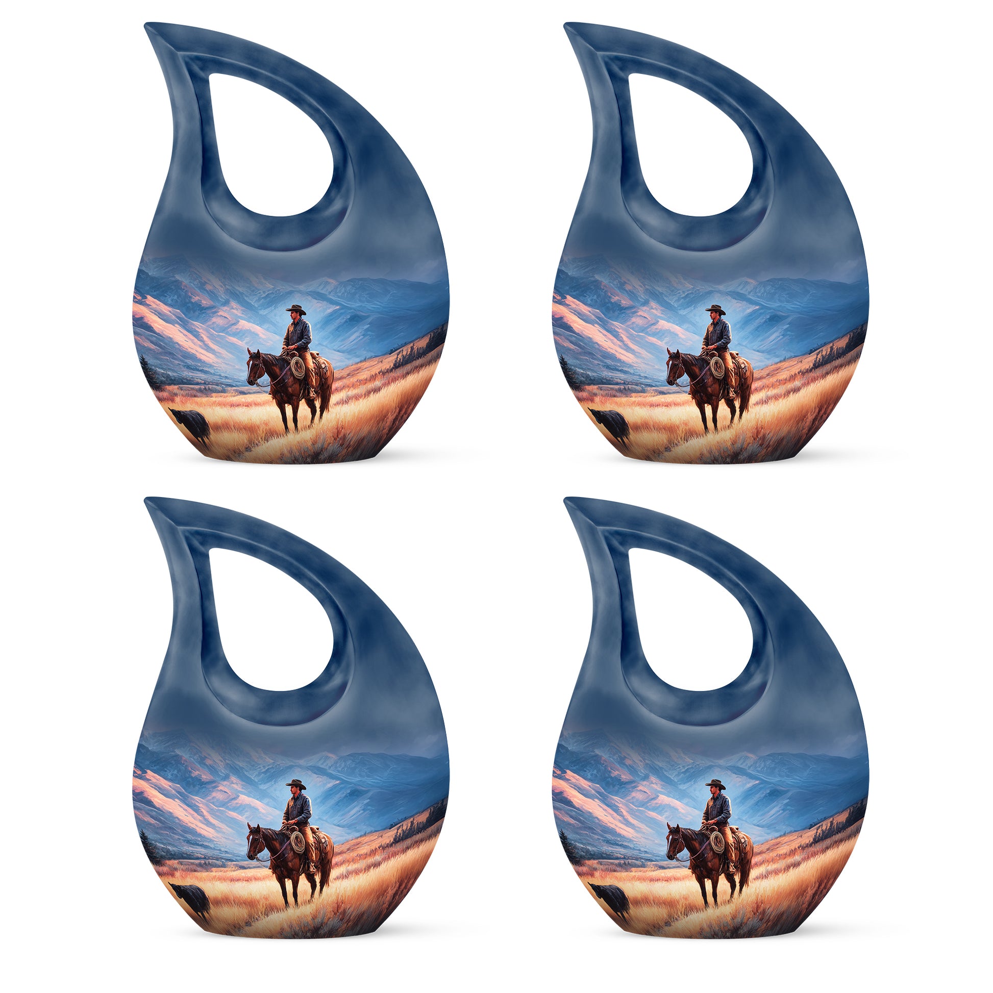 Sky Blue Cowboy Cremation Urn lifestyle display on memorial shelf - sacred cross merged with cowboy motif on metal - 10 inch aluminum urn for cremated remains
