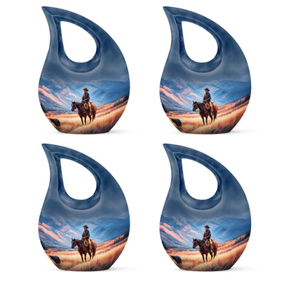 Sky Blue Cowboy Cremation Urn lifestyle display on memorial shelf - sacred cross merged with cowboy motif on metal - 10 inch aluminum urn for cremated remains