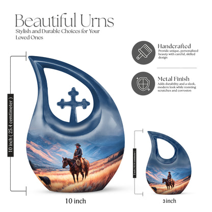 Royal Blue Cowboy Cremation Urn back view with polished surface - faith-inspired cross-drop urn with cowboy pattern - mini keepsake memorial for portion of cremation ashes