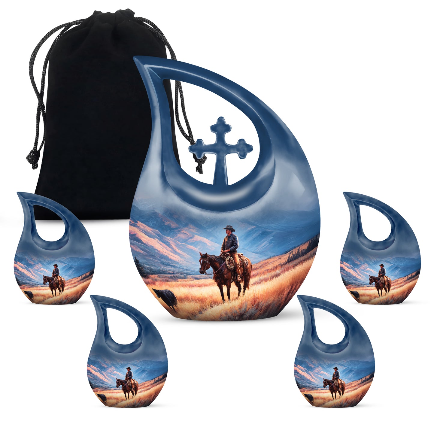 Serene Blue Cowboy Cremation Urn urn with complimentary velvet bag - devotional cross-drop cowboy engraving - memorial set with one large and four small urns