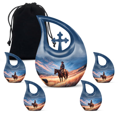 Serene Blue Cowboy Cremation Urn urn with complimentary velvet bag - devotional cross-drop cowboy engraving - memorial set with one large and four small urns