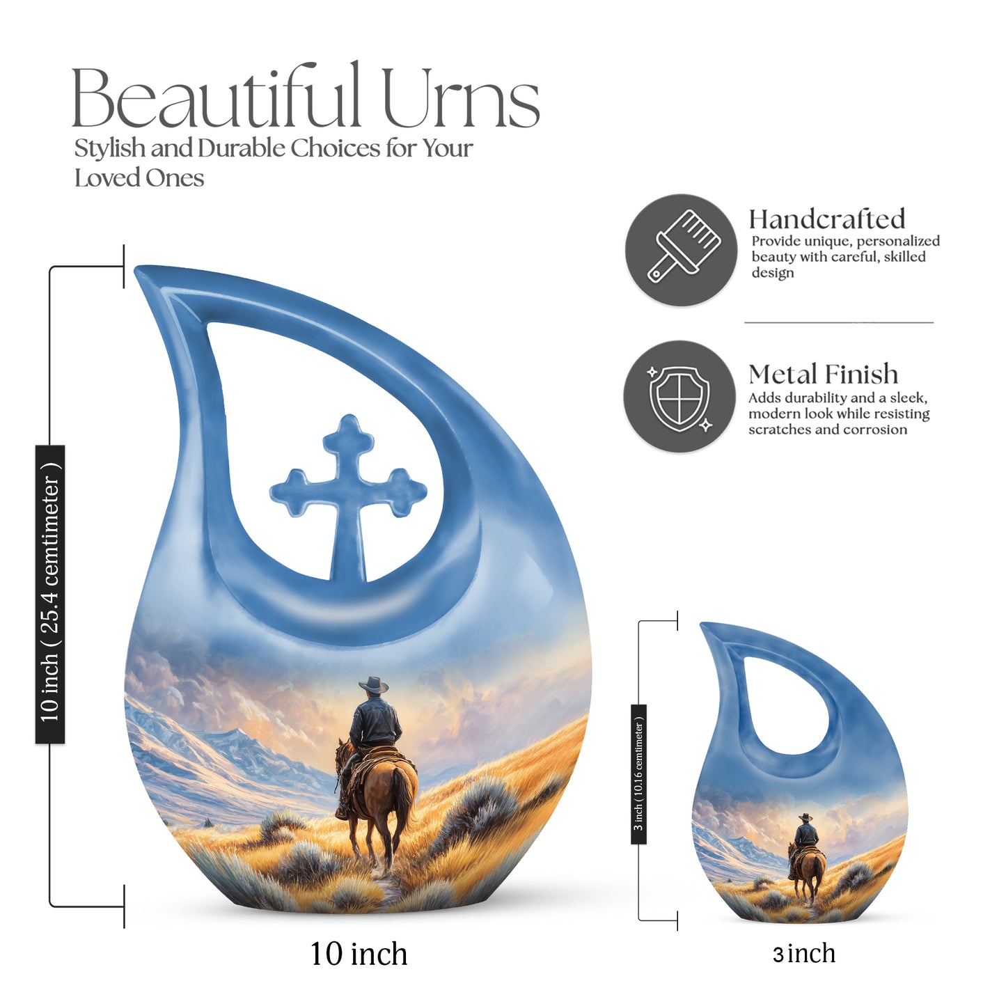 Royal Gold Cowboy Cremation Urn back view with polished surface - devotional cross-drop cowboy engraving - mini keepsake memorial for portion of cremation ashes