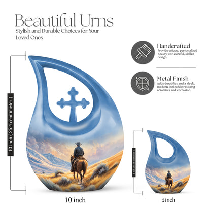Royal Gold Cowboy Cremation Urn back view with polished surface - devotional cross-drop cowboy engraving - mini keepsake memorial for portion of cremation ashes