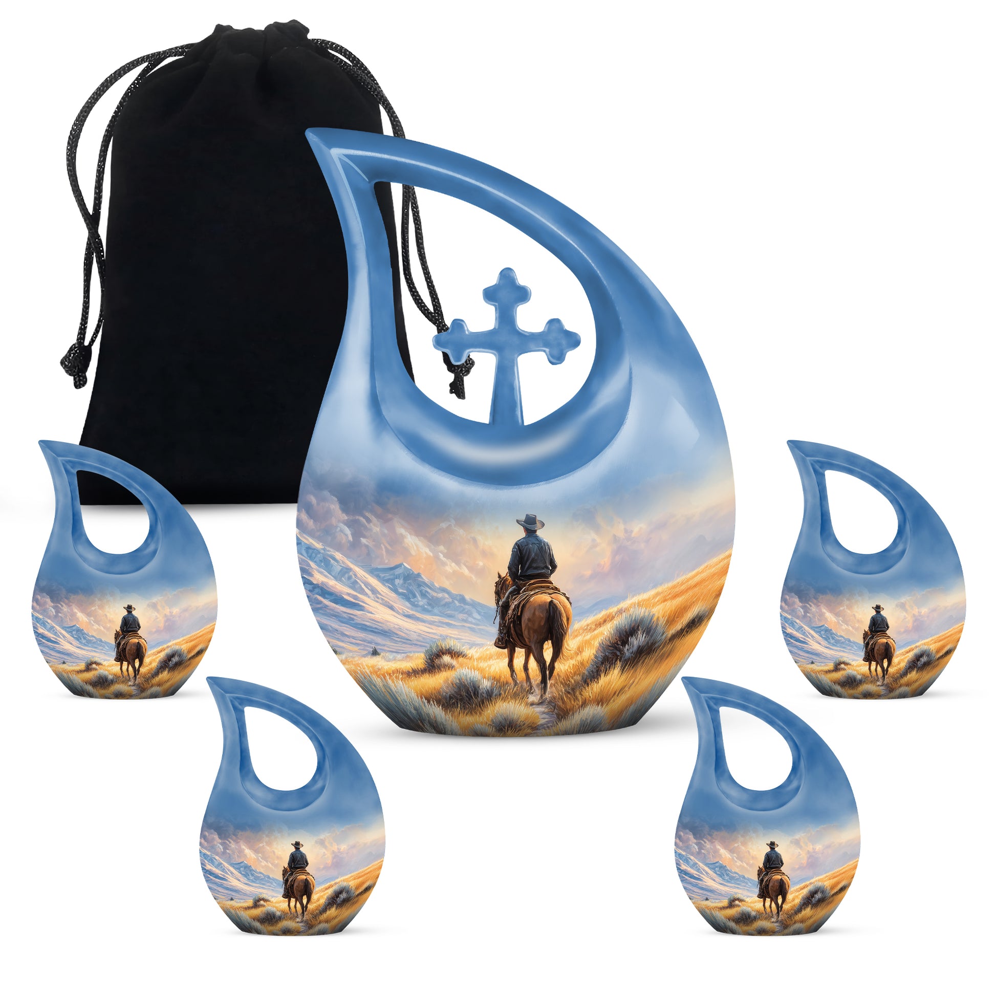 Royal Gold Cowboy Cremation Urn urn with complimentary velvet bag - faith-inspired cross-drop urn with cowboy pattern - memorial set with one large and four small urns