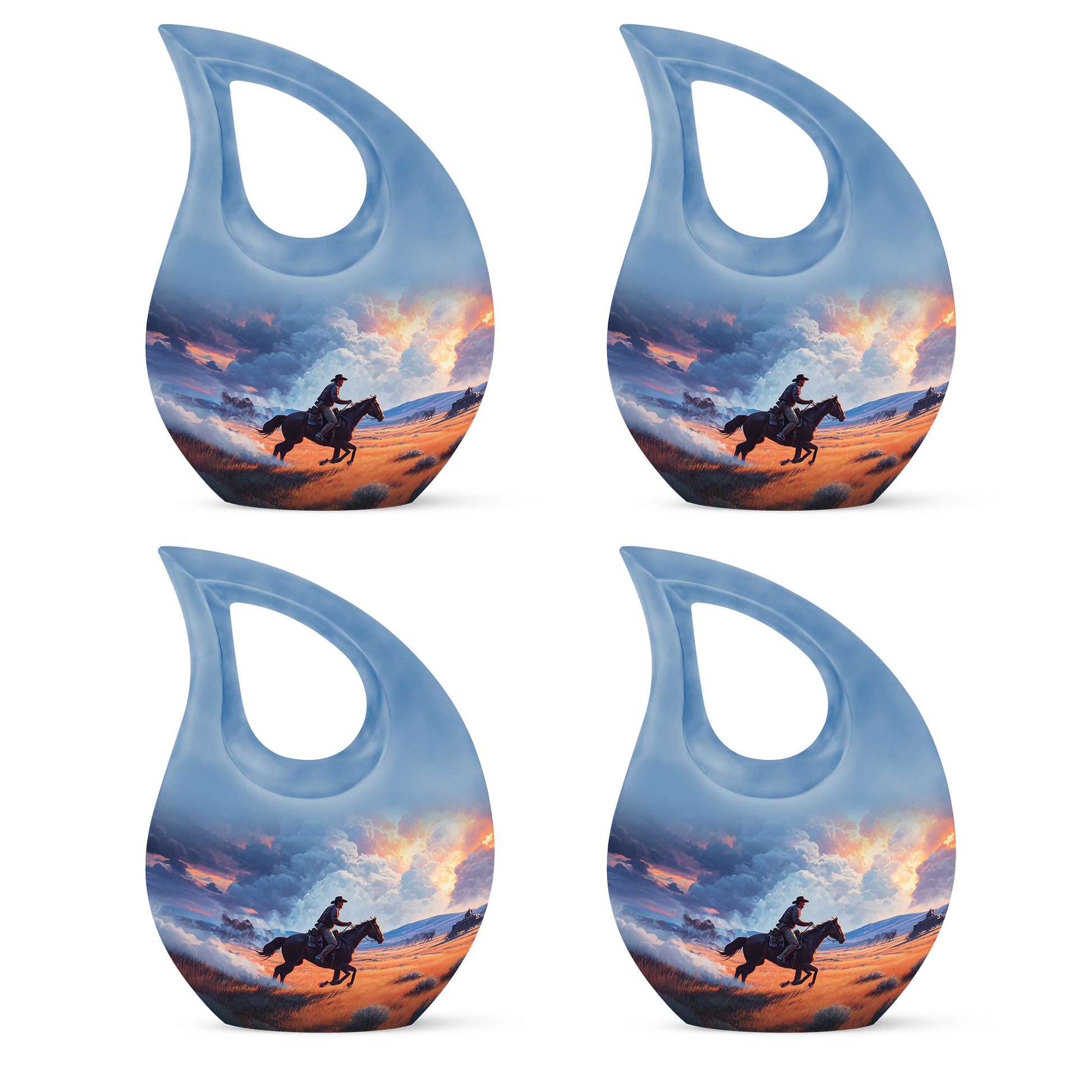 Indigo Cowboy Cremation Urn lifestyle display on memorial shelf - sacred cross merged with cowboy motif on metal - 10 inch aluminum urn for cremated remains
