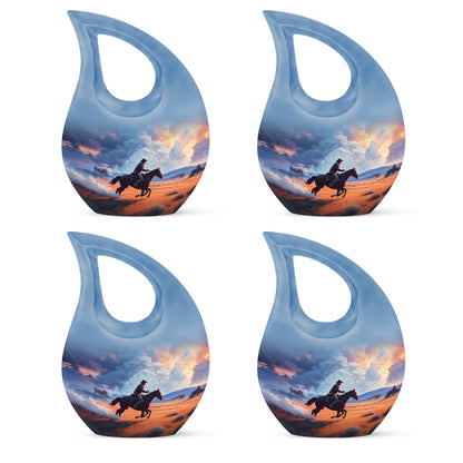 Indigo Cowboy Cremation Urn lifestyle display on memorial shelf - sacred cross merged with cowboy motif on metal - 10 inch aluminum urn for cremated remains