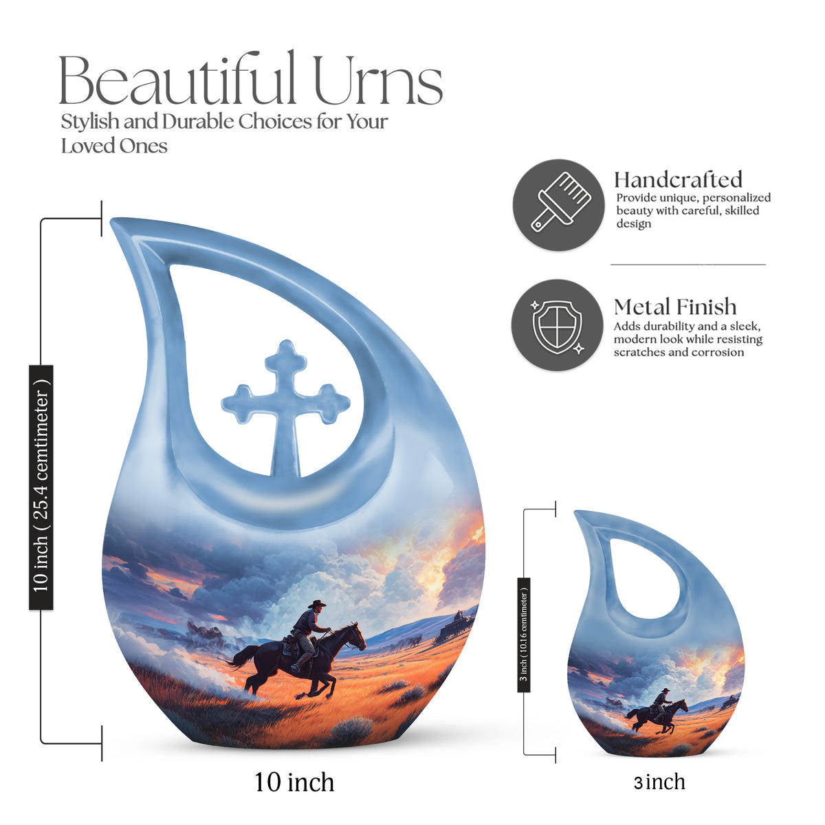 Azure Cowboy Cremation Urn back view with polished surface - sacred cross merged with cowboy motif on metal - mini keepsake memorial for portion of cremation ashes