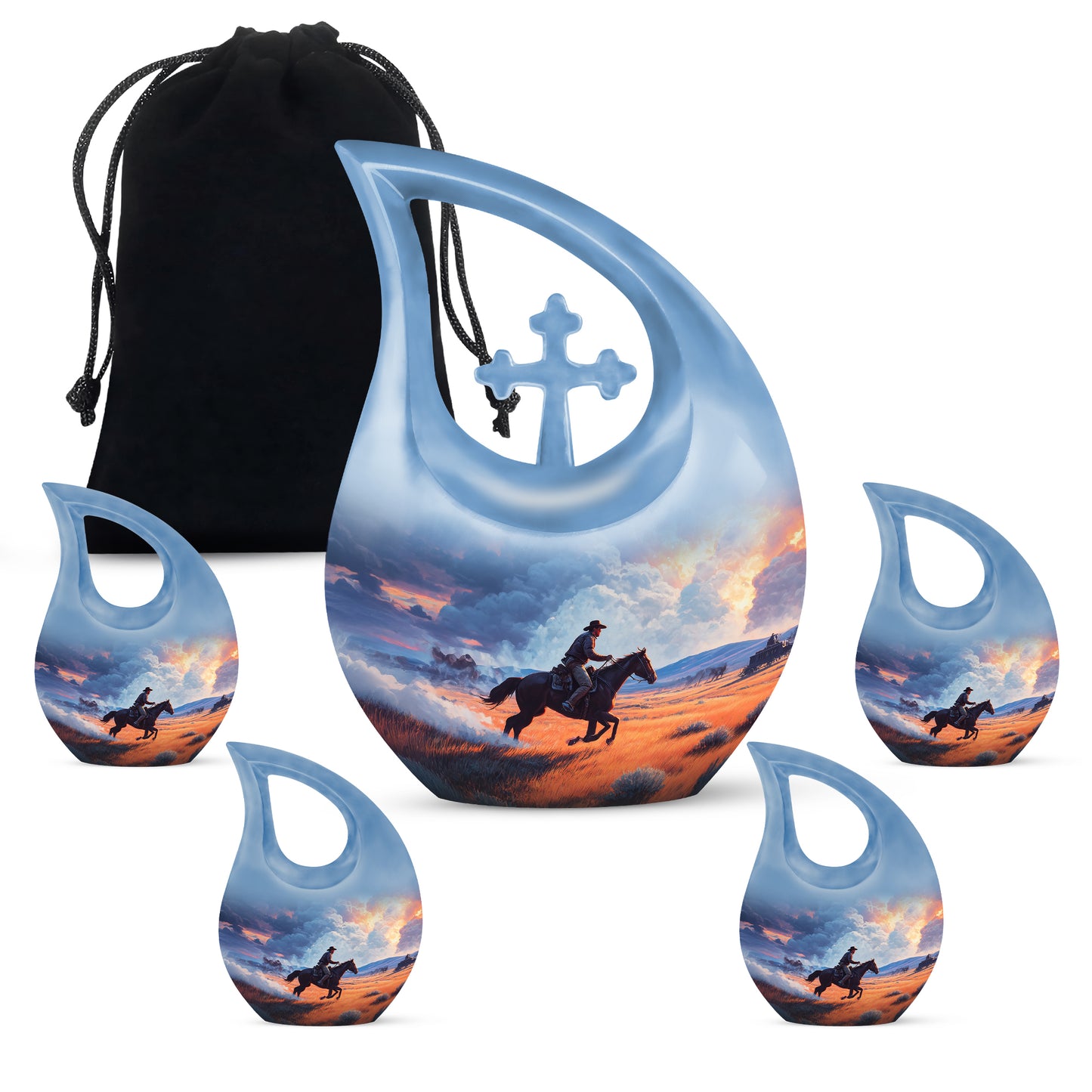 Royal Blue Cowboy Cremation Urn urn with complimentary velvet bag - devotional cross-drop cowboy engraving - memorial set with one large and four small urns