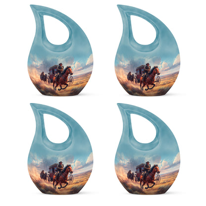 Dusty Blue Cowboy Cremation Urn lifestyle display on memorial shelf - cross and cowboy combined in spiritual memorial design - 10 inch aluminum urn for cremated remains
