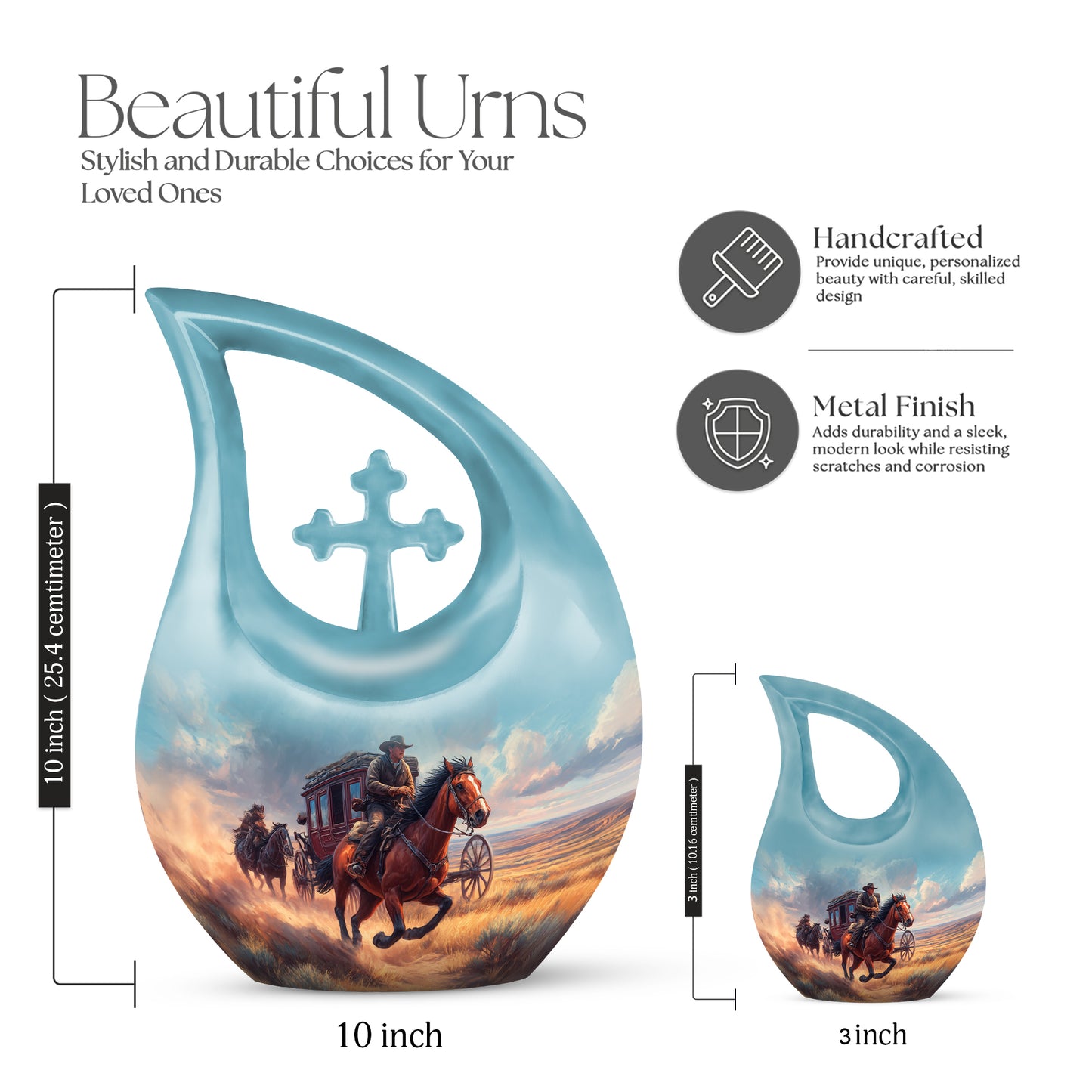 Soft Blue Cowboy Cremation Urn back view with polished surface - faith-inspired cross-drop urn with cowboy pattern - mini keepsake memorial for portion of cremation ashes
