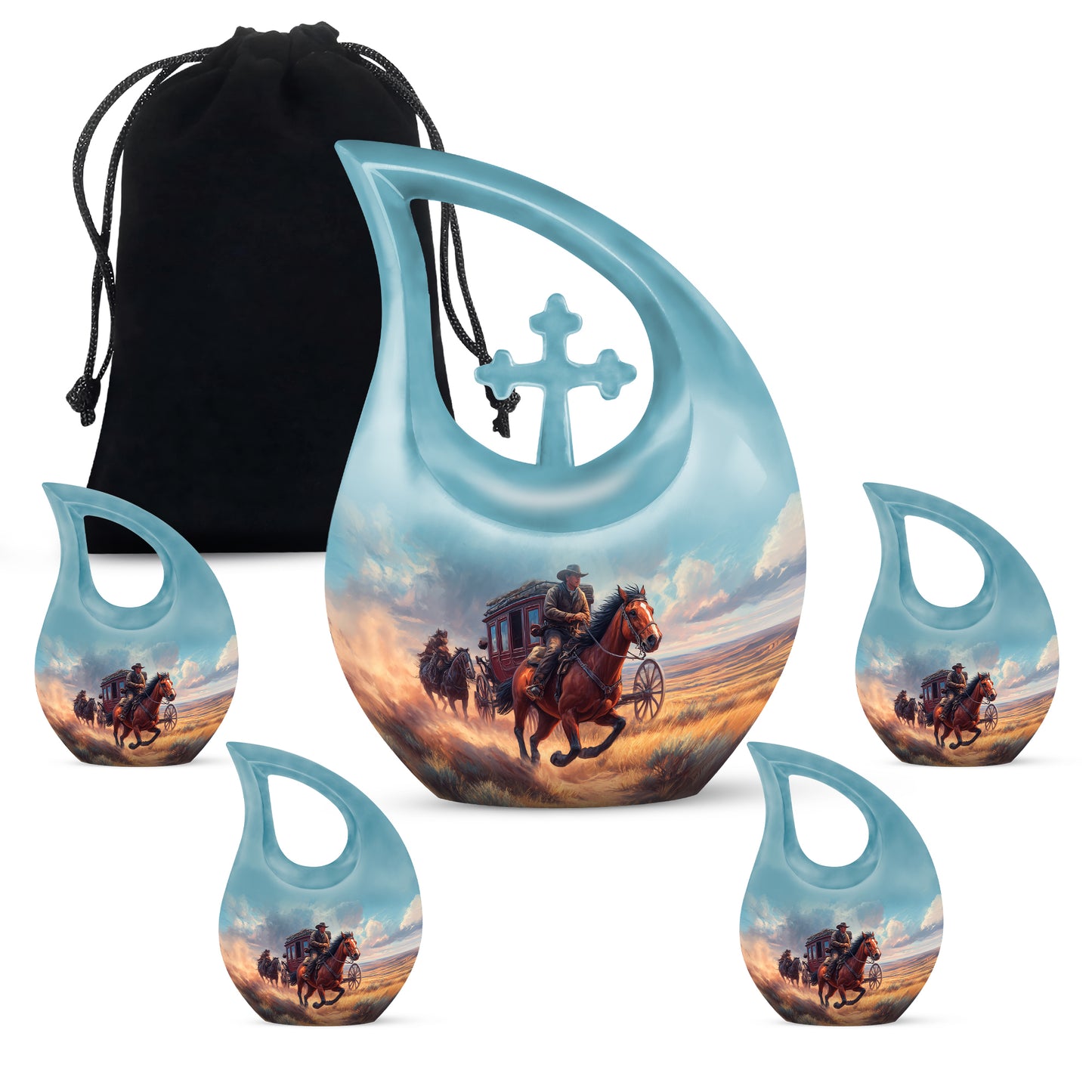 Azure Cowboy Cremation Urn urn with complimentary velvet bag - cross and cowboy combined in spiritual memorial design - memorial set with one large and four small urns