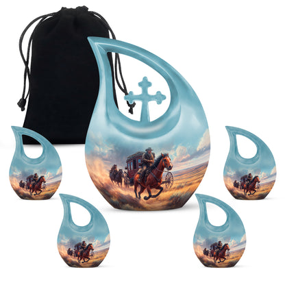 Azure Cowboy Cremation Urn urn with complimentary velvet bag - cross and cowboy combined in spiritual memorial design - memorial set with one large and four small urns