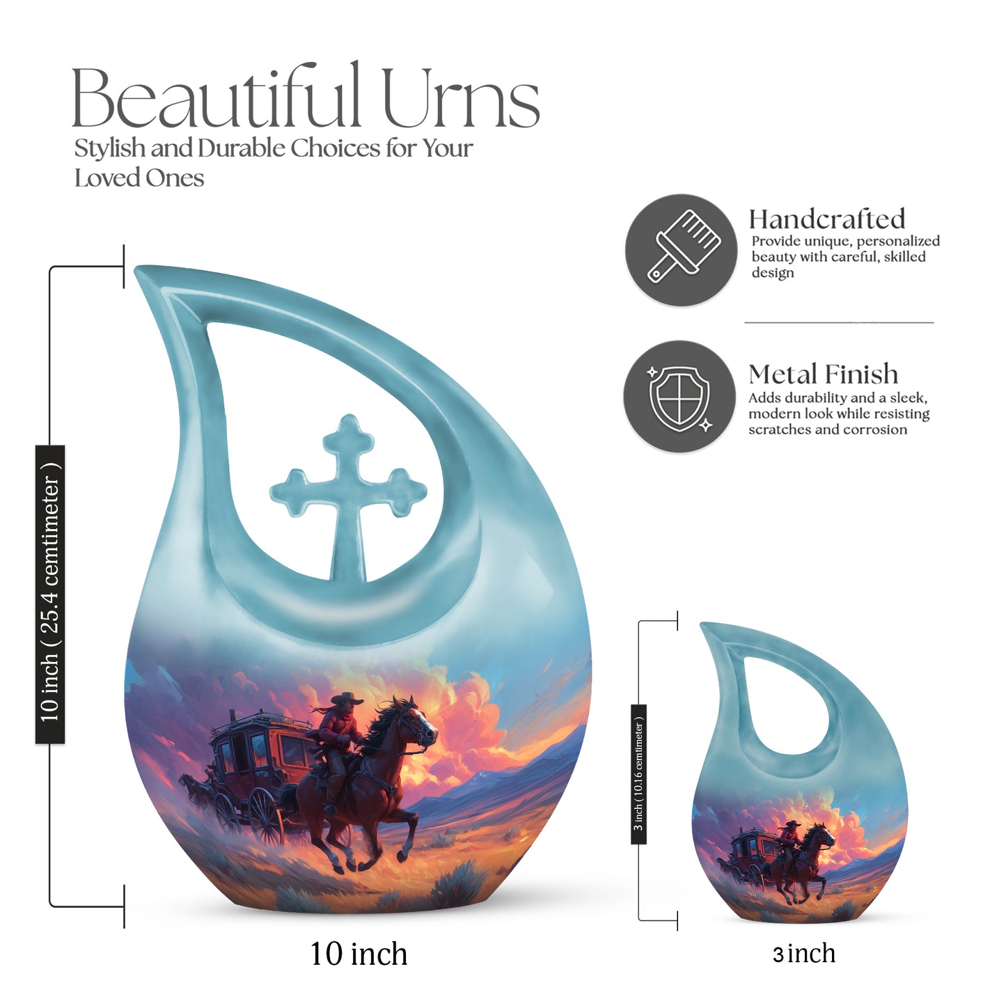 Icy Blue Cowboy Cremation Urn back view with polished surface - cross and cowboy combined in spiritual memorial design - mini keepsake memorial for portion of cremation ashes