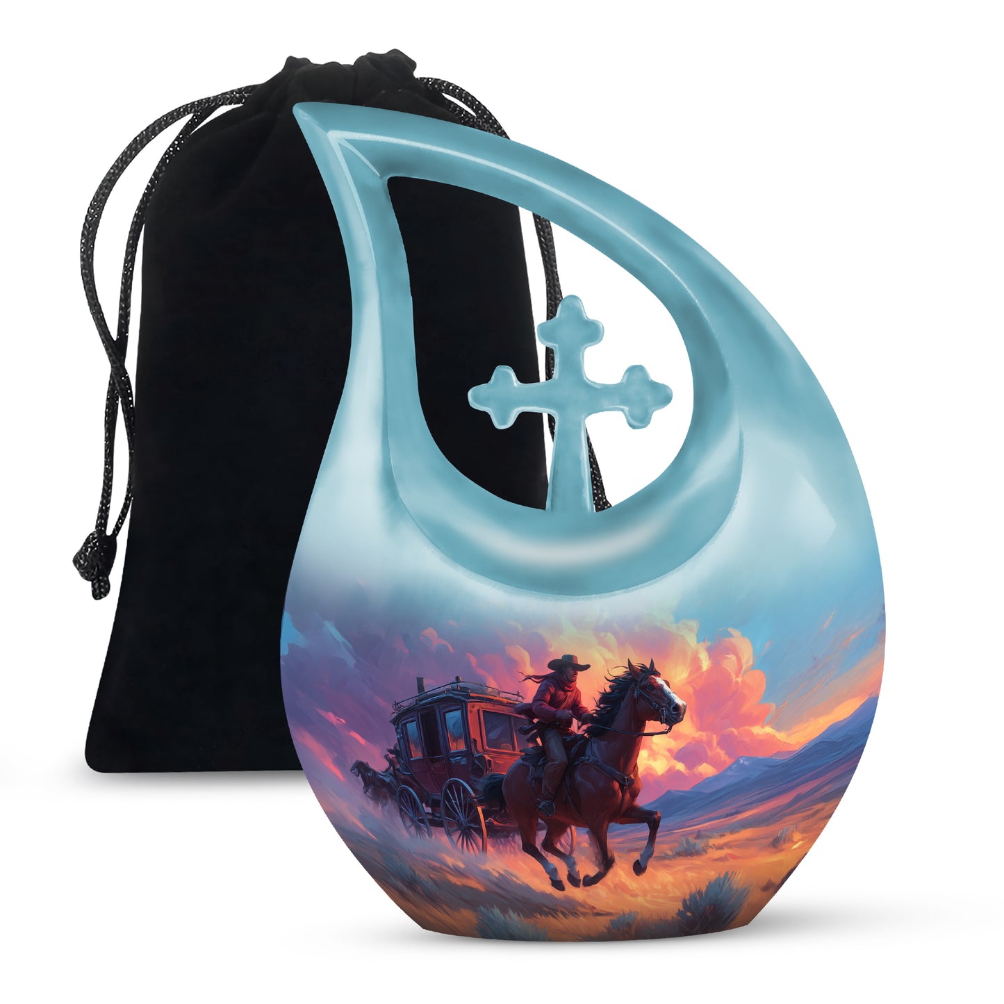 Indigo Cowboy Cremation Urn top-down view of secure threaded lid - cross and cowboy combined in spiritual memorial design - full-size 10 inch 200 cubic inch adult cremation urn