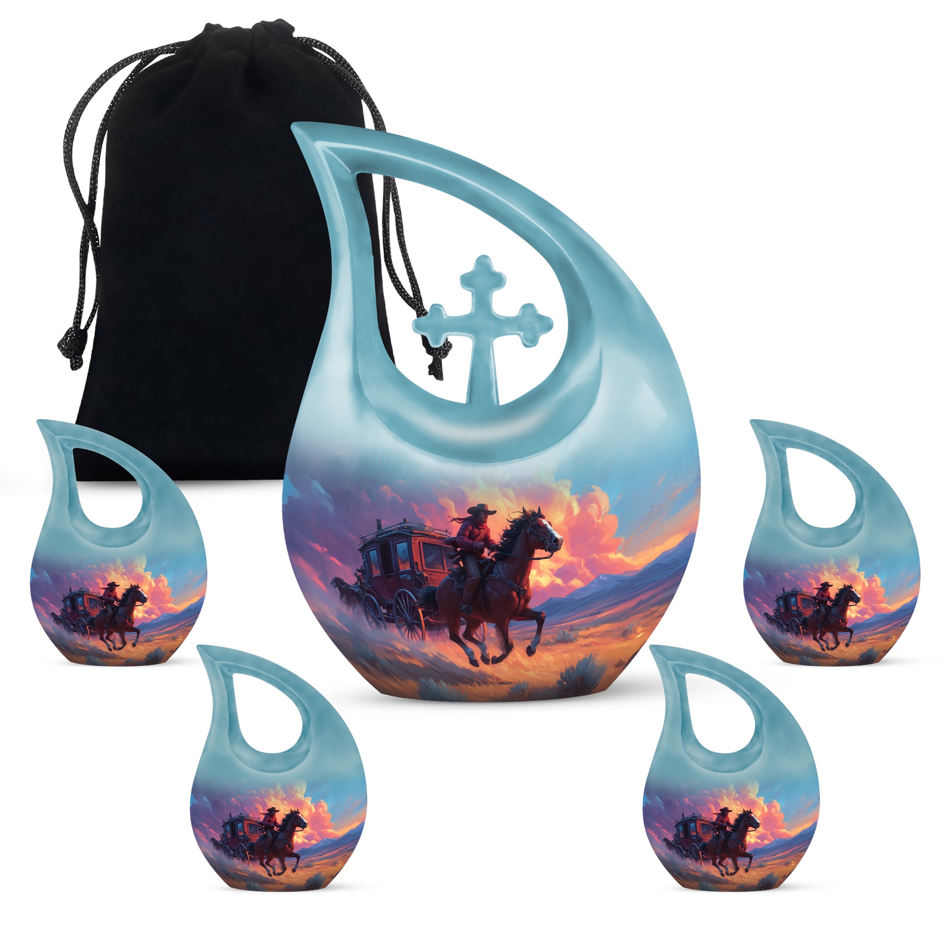 Twilight Blue Cowboy Cremation Urn urn with complimentary velvet bag - faith-inspired cross-drop urn with cowboy pattern - memorial set with one large and four small urns