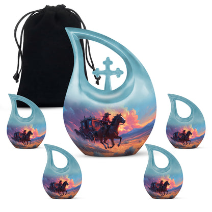 Twilight Blue Cowboy Cremation Urn urn with complimentary velvet bag - faith-inspired cross-drop urn with cowboy pattern - memorial set with one large and four small urns