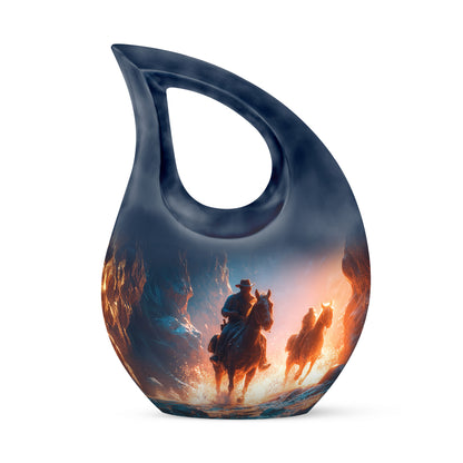 Blue Comforting Cowboy Memorial Urn for Ashes - 10-inch, 200 cu in - Yatskia