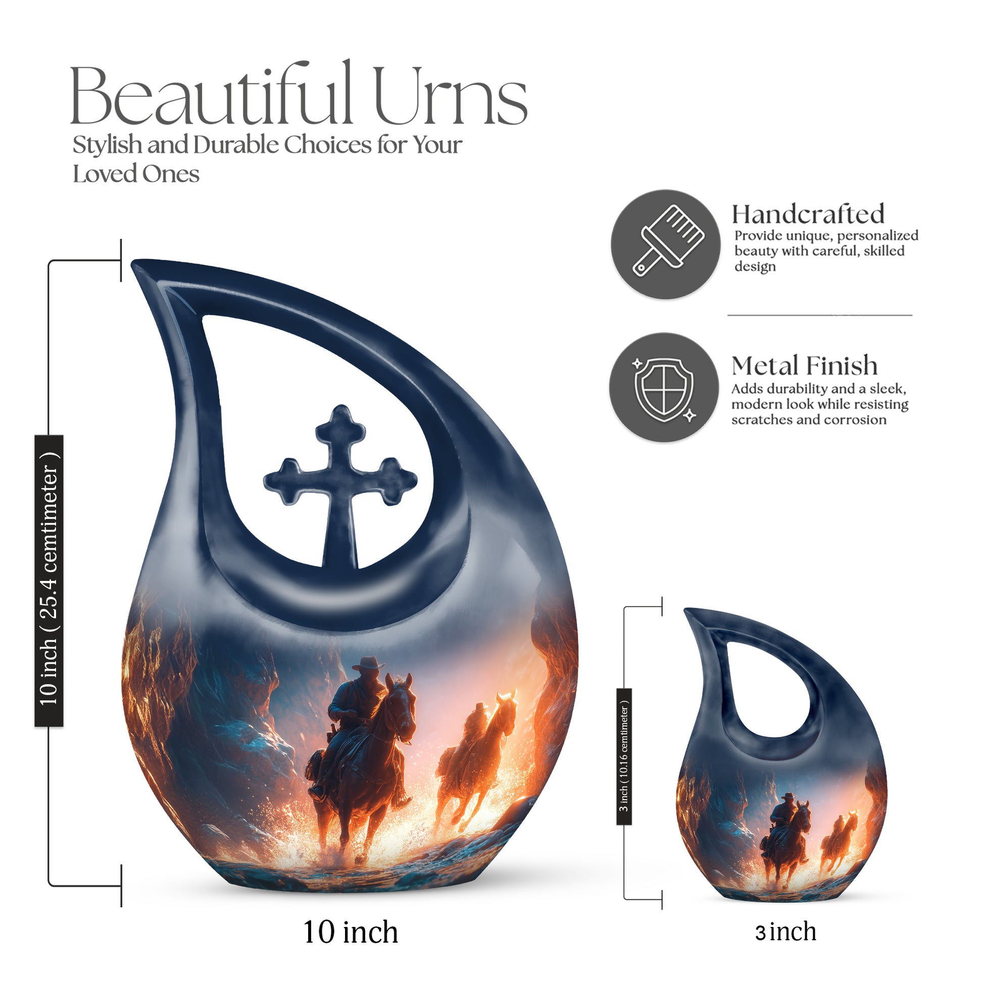 Sapphire Blue Cowboy Cremation Urn back view with polished surface - devotional cross-drop cowboy engraving - mini keepsake memorial for portion of cremation ashes