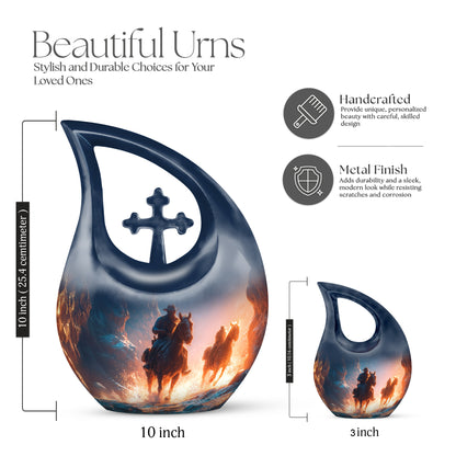 Sapphire Blue Cowboy Cremation Urn back view with polished surface - devotional cross-drop cowboy engraving - mini keepsake memorial for portion of cremation ashes