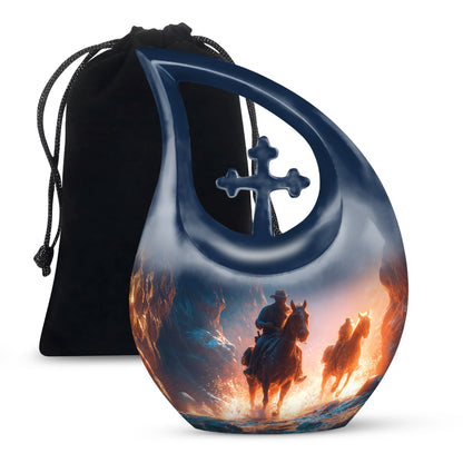 Cornflower Blue Cowboy Cremation Urn top-down view of secure threaded lid - faith-inspired cross-drop urn with cowboy pattern - full-size 10 inch 200 cubic inch adult cremation urn