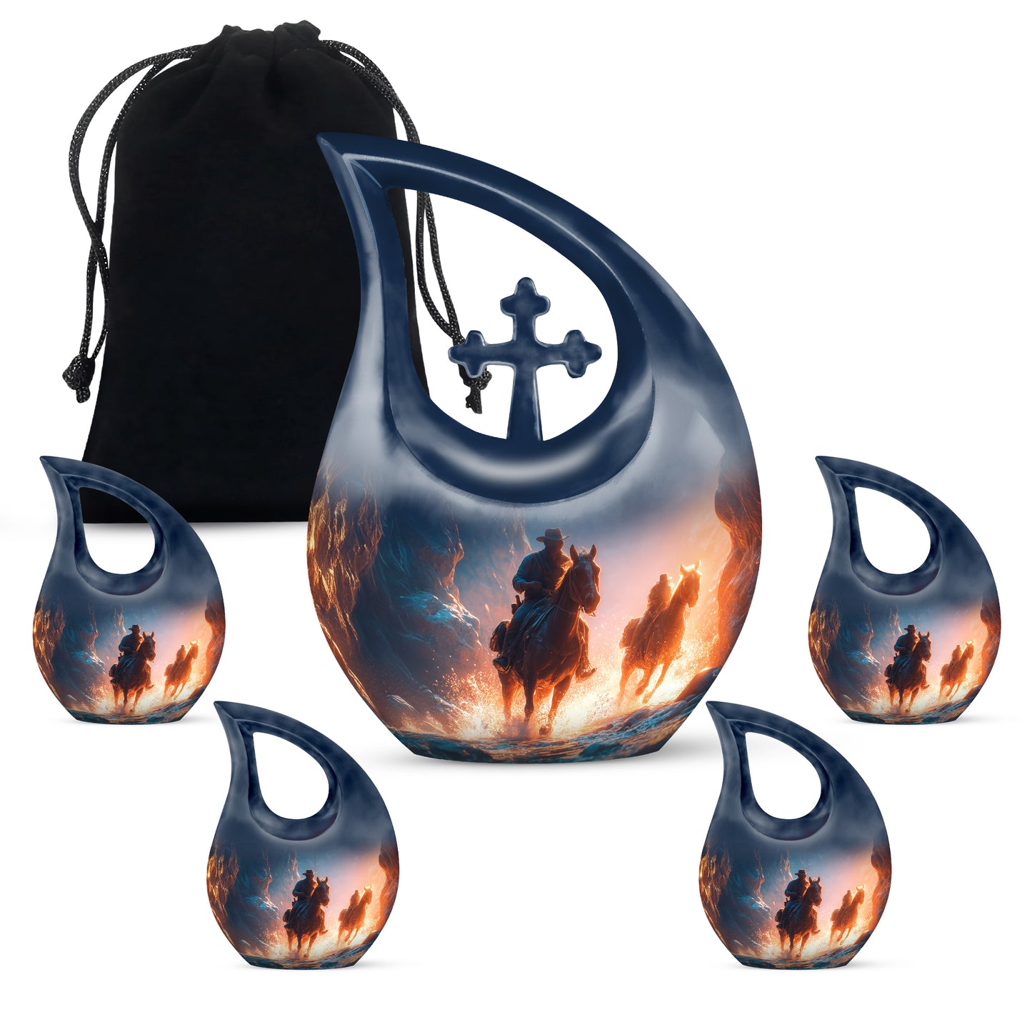 Sky Blue Cowboy Cremation Urn urn with complimentary velvet bag - sacred cross merged with cowboy motif on metal - memorial set with one large and four small urns
