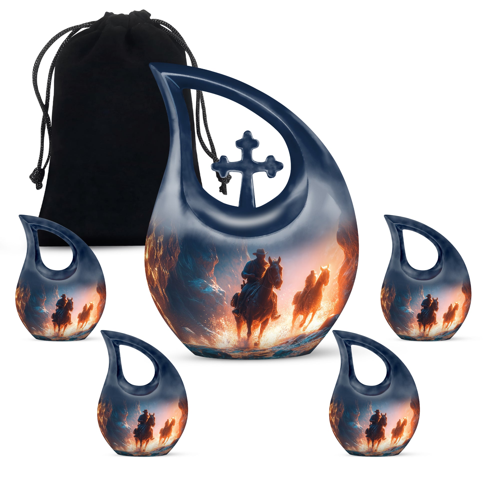 Sky Blue Cowboy Cremation Urn urn with complimentary velvet bag - sacred cross merged with cowboy motif on metal - memorial set with one large and four small urns