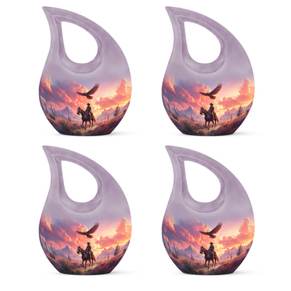 Violet Purple Cowboy Cremation Urn lifestyle display on memorial shelf - devotional cross-drop cowboy engraving - 10 inch aluminum urn for cremated remains