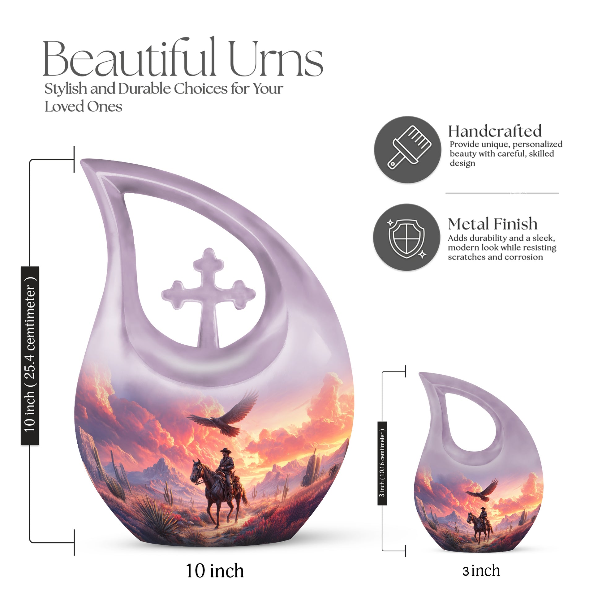 Majestic Purple Cowboy Cremation Urn back view with polished surface - sacred cross merged with cowboy motif on metal - mini keepsake memorial for portion of cremation ashes