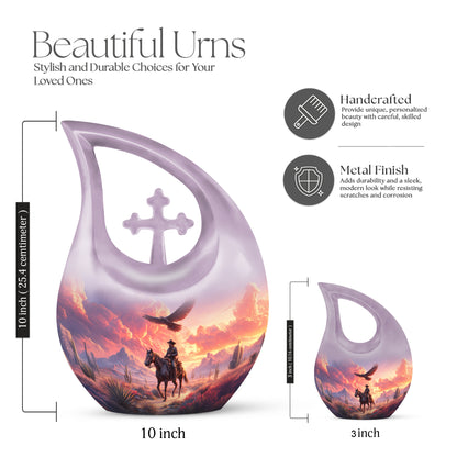 Majestic Purple Cowboy Cremation Urn back view with polished surface - sacred cross merged with cowboy motif on metal - mini keepsake memorial for portion of cremation ashes
