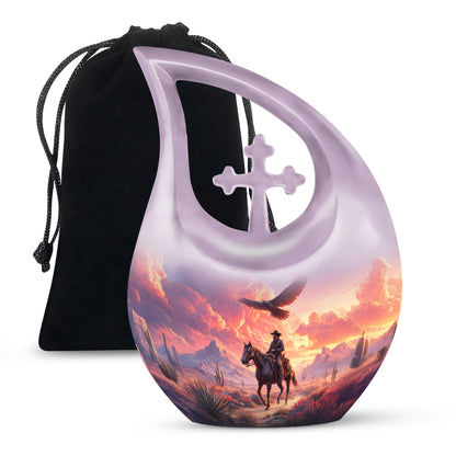 Amethyst Purple Cowboy Cremation Urn top-down view of secure threaded lid - cross and cowboy combined in spiritual memorial design - full-size 10 inch 200 cubic inch adult cremation urn