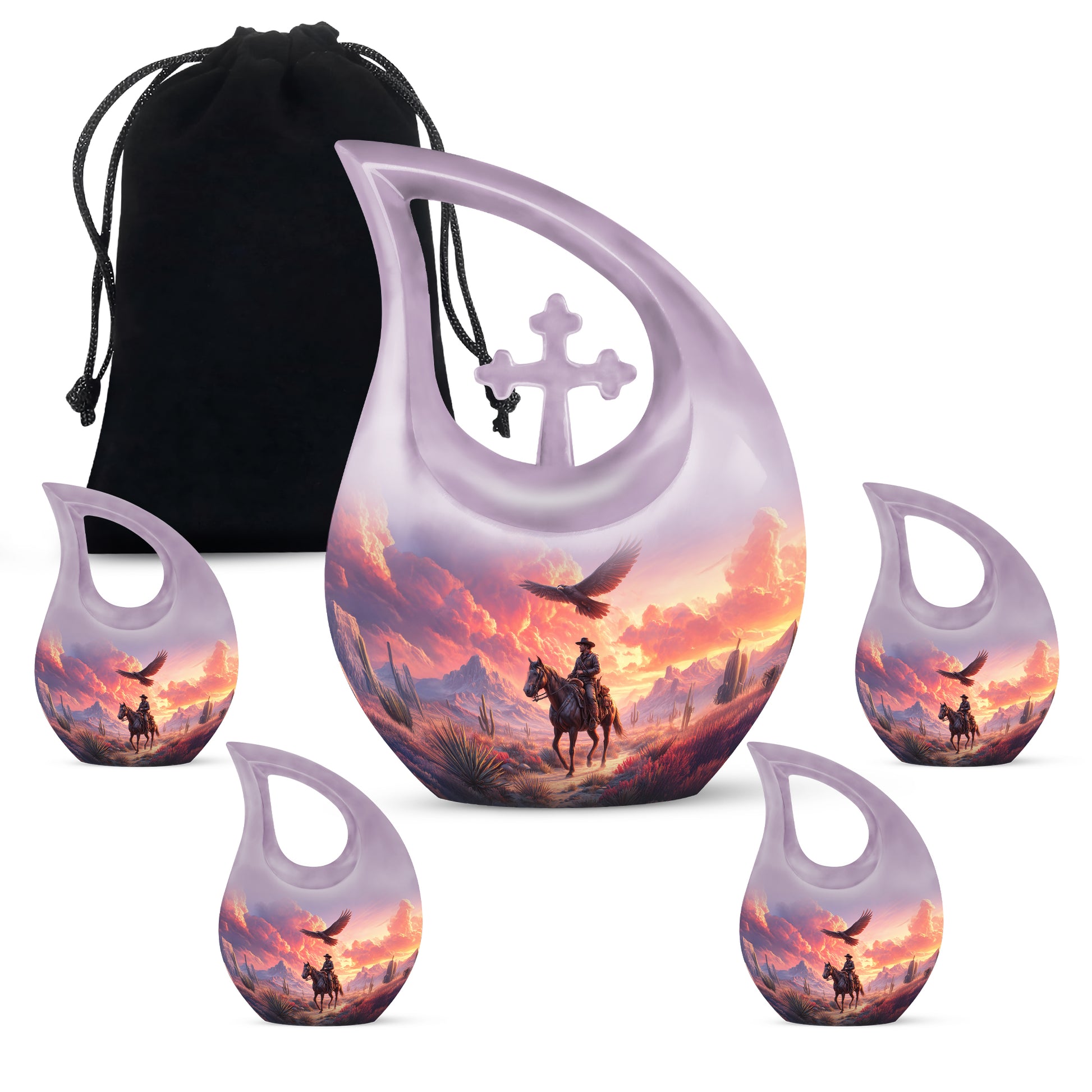 Amethyst Purple Cowboy Cremation Urn urn with complimentary velvet bag - cross and cowboy combined in spiritual memorial design - memorial set with one large and four small urns