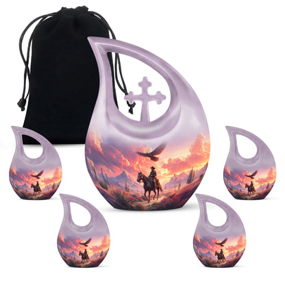 Amethyst Purple Cowboy Cremation Urn urn with complimentary velvet bag - cross and cowboy combined in spiritual memorial design - memorial set with one large and four small urns