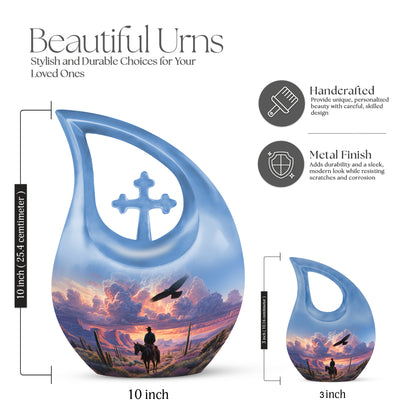 Celestial Blue Cowboy Cremation Urn back view with polished surface - cross and cowboy combined in spiritual memorial design - mini keepsake memorial for portion of cremation ashes