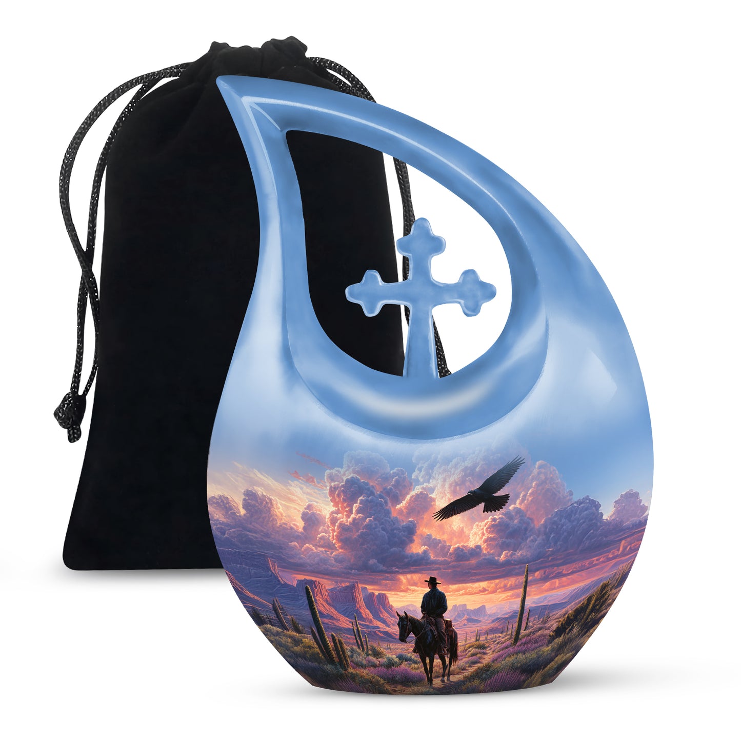 Steel Blue Cowboy Cremation Urn top-down view of secure threaded lid - devotional cross-drop cowboy engraving - full-size 10 inch 200 cubic inch adult cremation urn