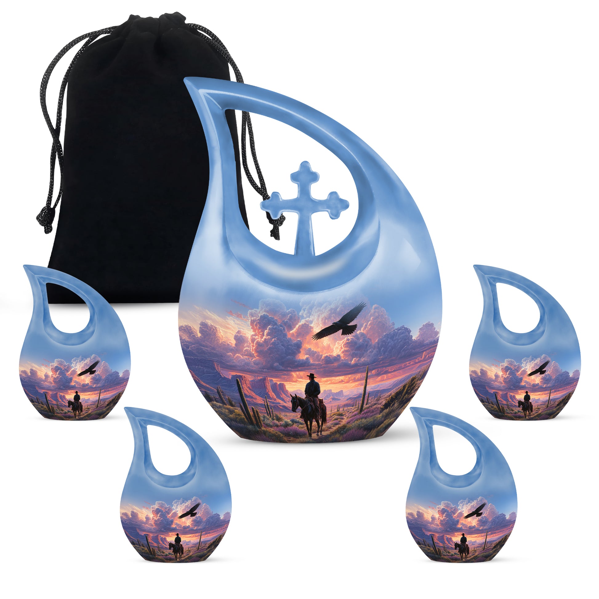 Serene Blue Cowboy Cremation Urn urn with complimentary velvet bag - devotional cross-drop cowboy engraving - memorial set with one large and four small urns