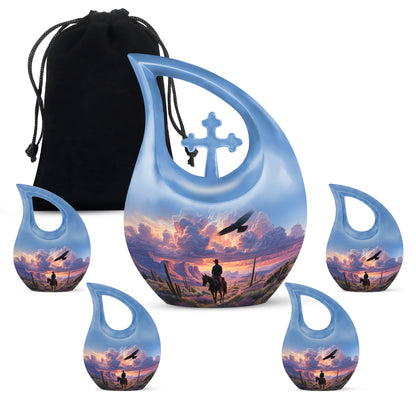 Serene Blue Cowboy Cremation Urn urn with complimentary velvet bag - devotional cross-drop cowboy engraving - memorial set with one large and four small urns