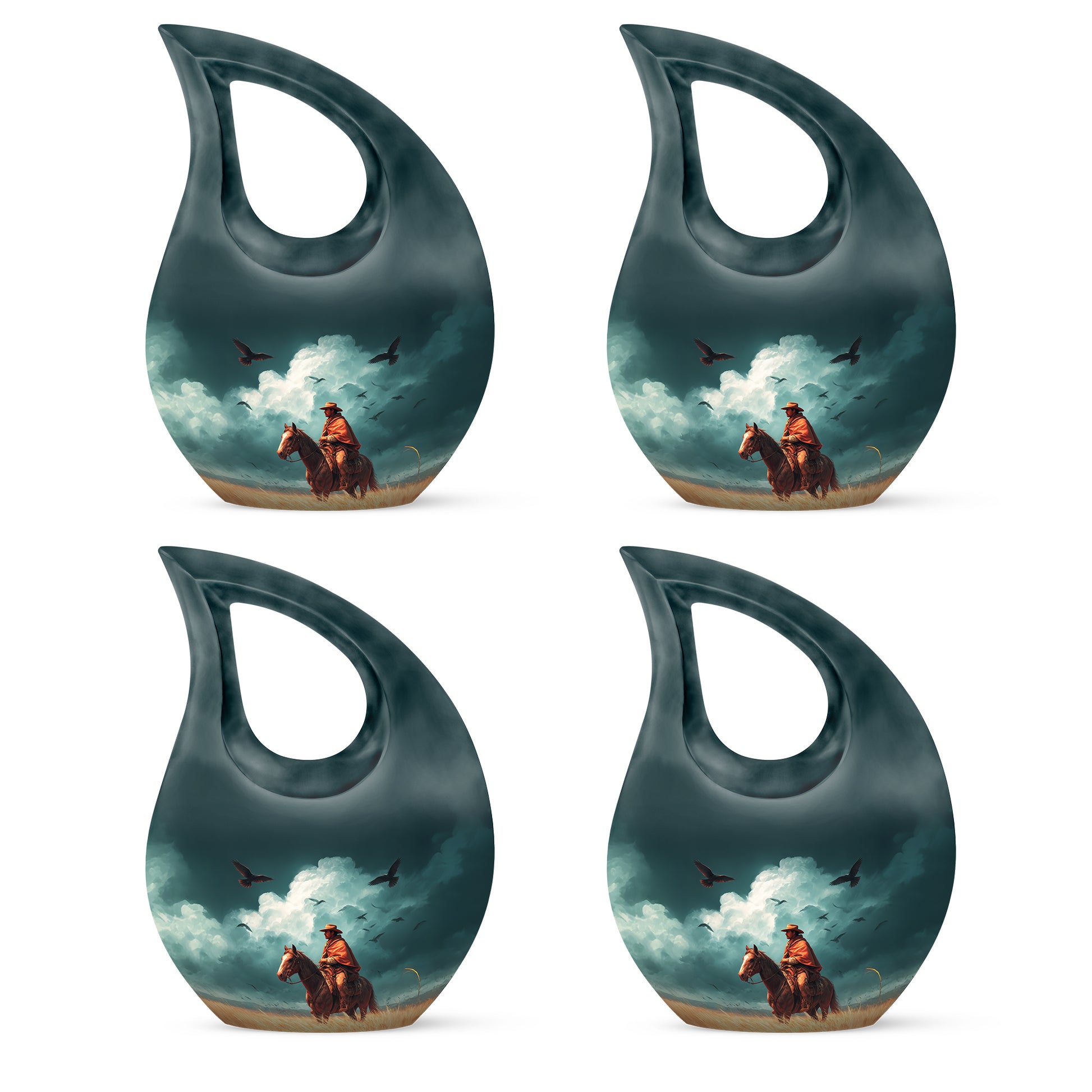 Mystic Teal Cowboy Cremation Urn lifestyle display on memorial shelf - faith-inspired cross-drop urn with cowboy pattern - 10 inch aluminum urn for cremated remains