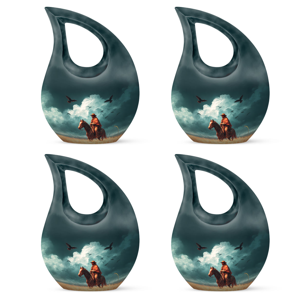 Mystic Teal Cowboy Cremation Urn lifestyle display on memorial shelf - faith-inspired cross-drop urn with cowboy pattern - 10 inch aluminum urn for cremated remains