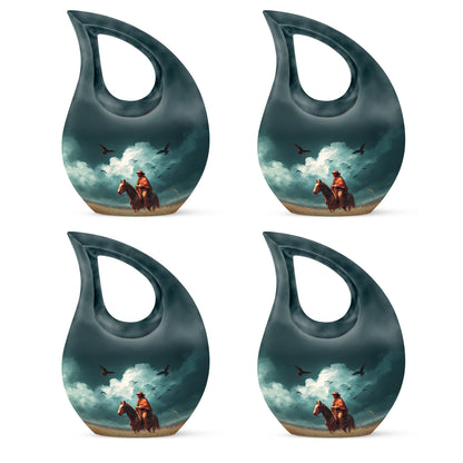 Mystic Teal Cowboy Cremation Urn lifestyle display on memorial shelf - faith-inspired cross-drop urn with cowboy pattern - 10 inch aluminum urn for cremated remains