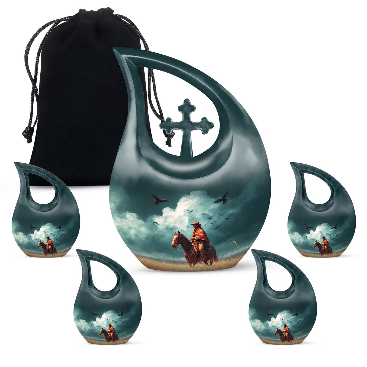 Deep Teal Cowboy Cremation Urn urn with complimentary velvet bag - faith-inspired cross-drop urn with cowboy pattern - memorial set with one large and four small urns
