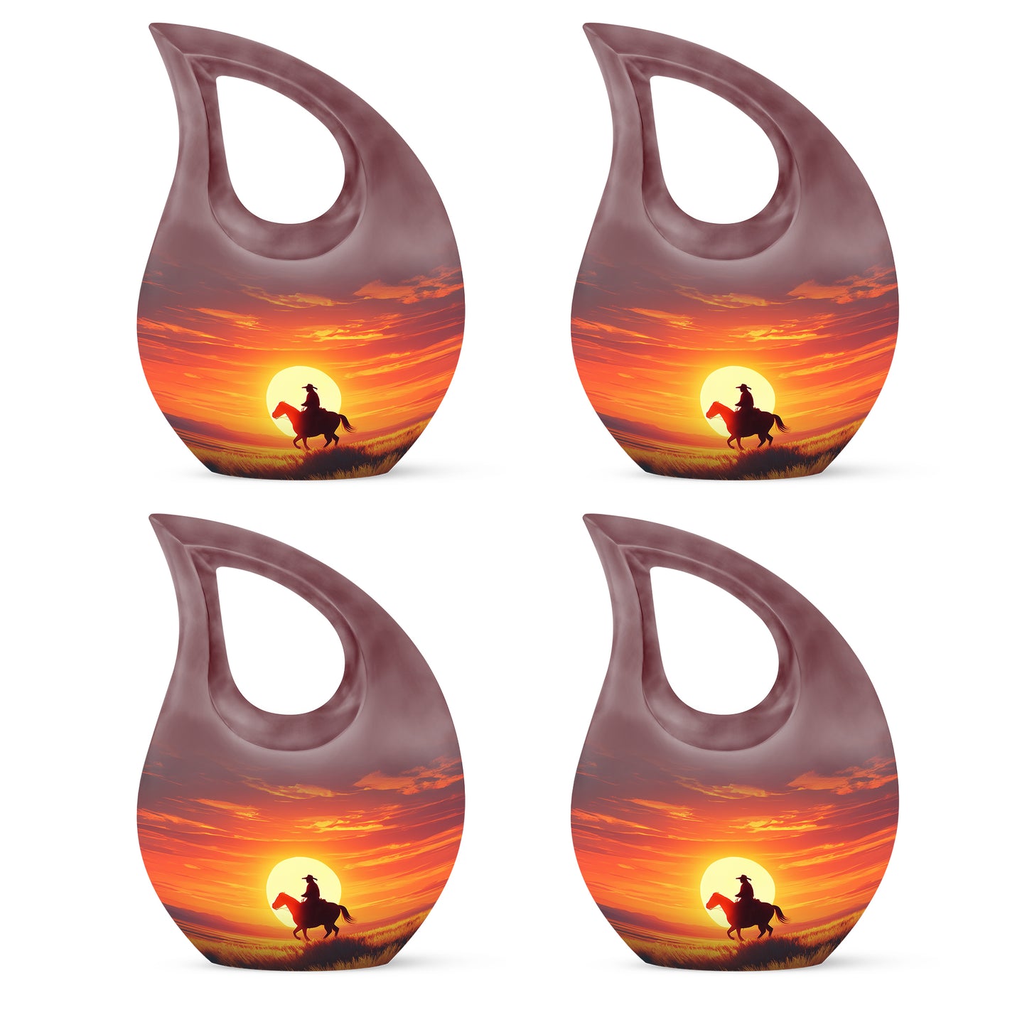 Burgundy Red Cowboy Cremation Urn lifestyle display on memorial shelf - cross and cowboy combined in spiritual memorial design - 10 inch aluminum urn for cremated remains