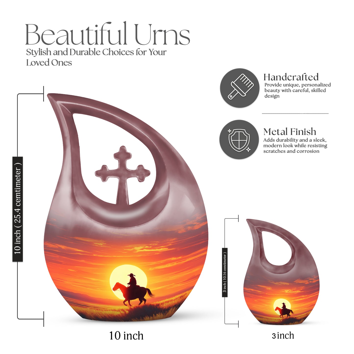 Wine Red Cowboy Cremation Urn back view with polished surface - sacred cross merged with cowboy motif on metal - mini keepsake memorial for portion of cremation ashes